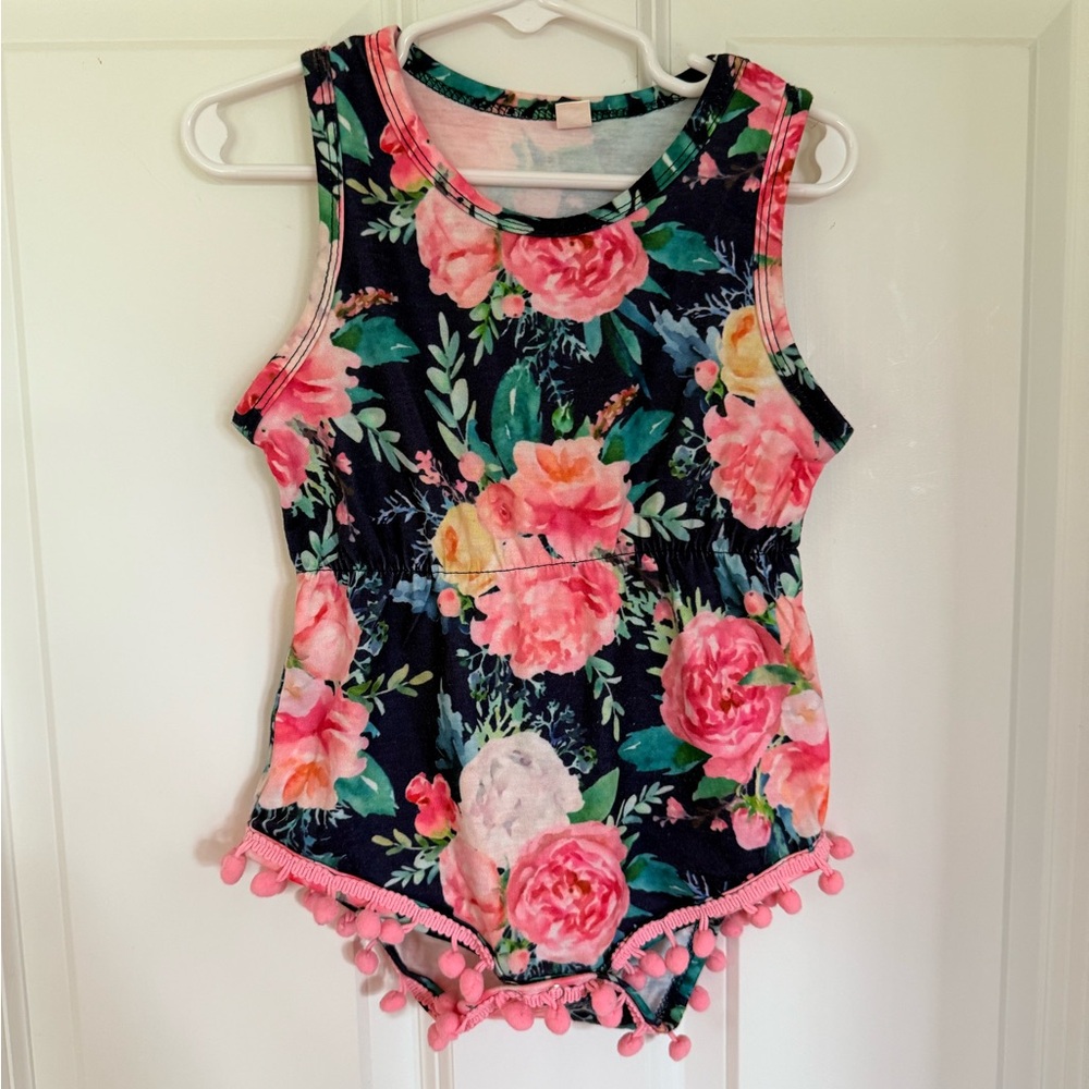 Adorable Navy Romper w/ Pink Floral & Green Accents - Size 12-18 months